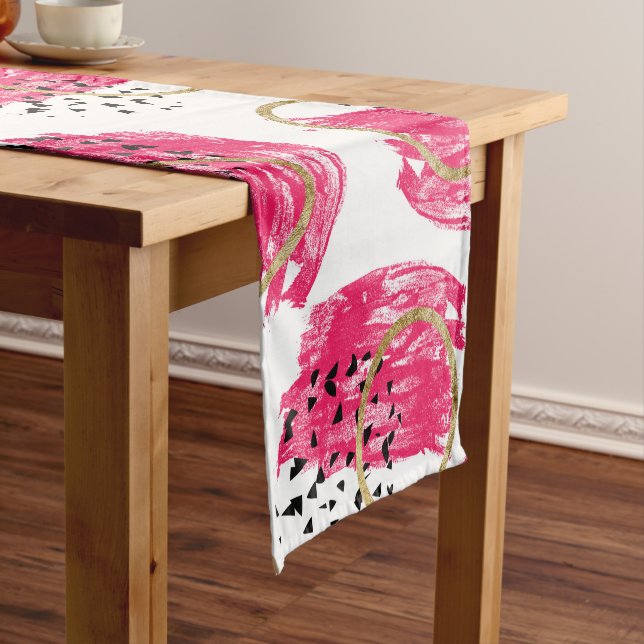 Abstract Black Pink and Faux Gold Brushstrokes Short Table Runner (In Situ)