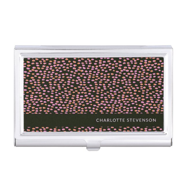 Abstract Black Pink and Orange Dots Personalized  Business Card Case (Front)