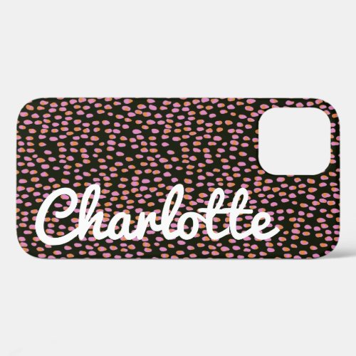 Abstract Black Pink Dots Customized Script Name iPhone 12 Case