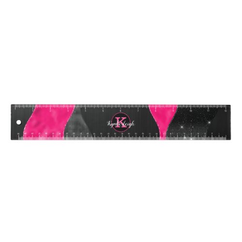 Abstract Black Pink Waves Glam Monogram 12_Inch Ruler