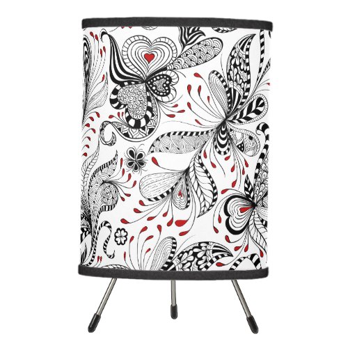 Abstract Black  Red Flowers  Hearts Pattern Tripod Lamp