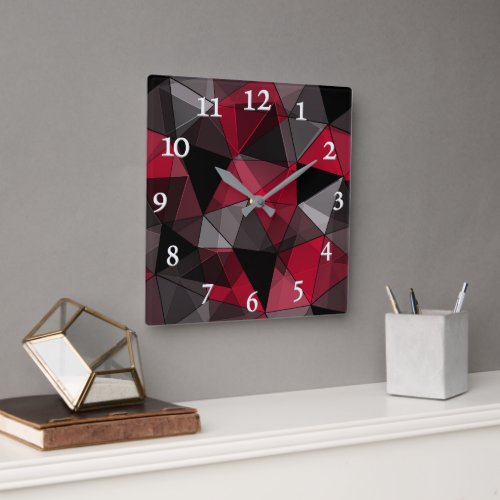 Abstract Black red gray geometric Square Wall Clock