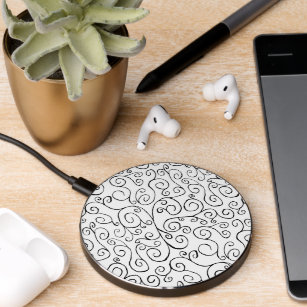 Abstract Black Scrolling Curves on White Wireless Charger