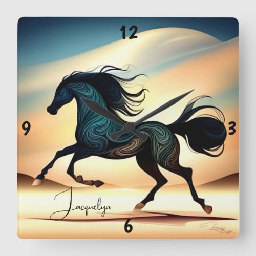 Abstract Black Stallion in Desert Square Wall Clock