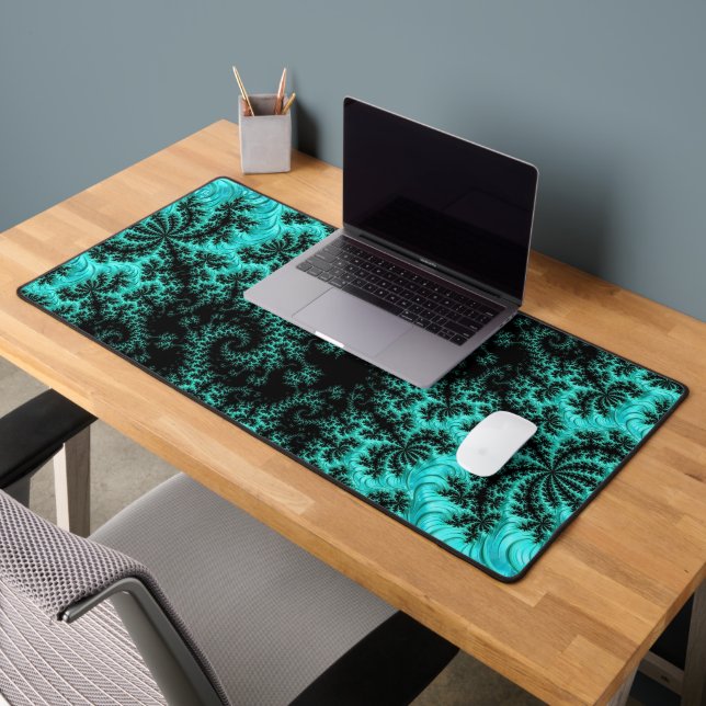 Abstract Black Teal Symmetrical Fractal Desk Mat (Office 2)