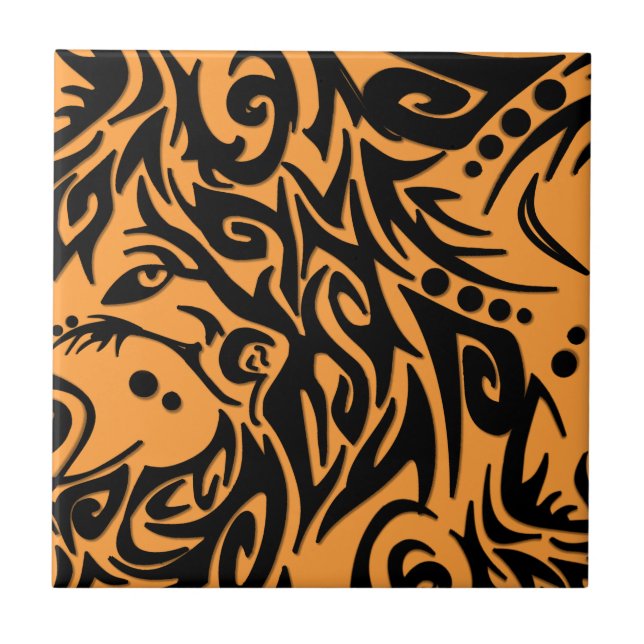 Abstract Black Tribal Design on Orange Ceramic Tile (Front)