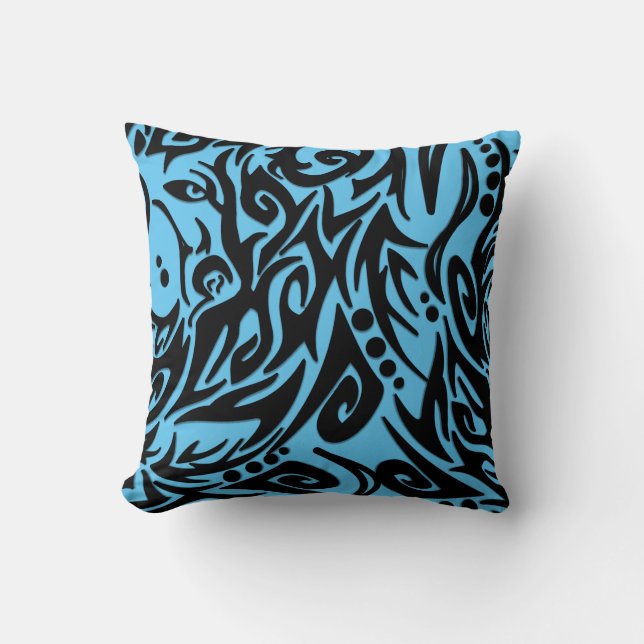 Abstract Black Tribal Design Solid Blue on Back Throw Pillow (Front)