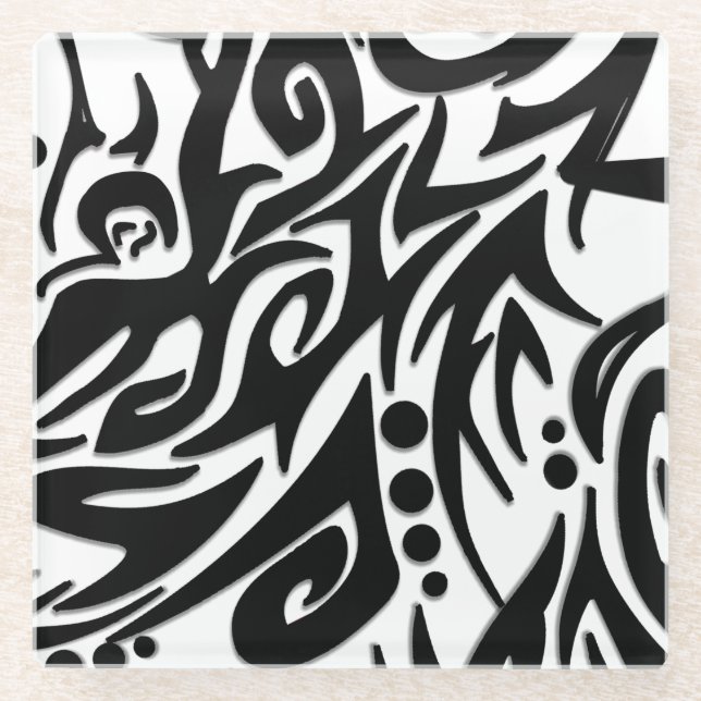 Abstract Black Tribal Glass Coaster (Front)