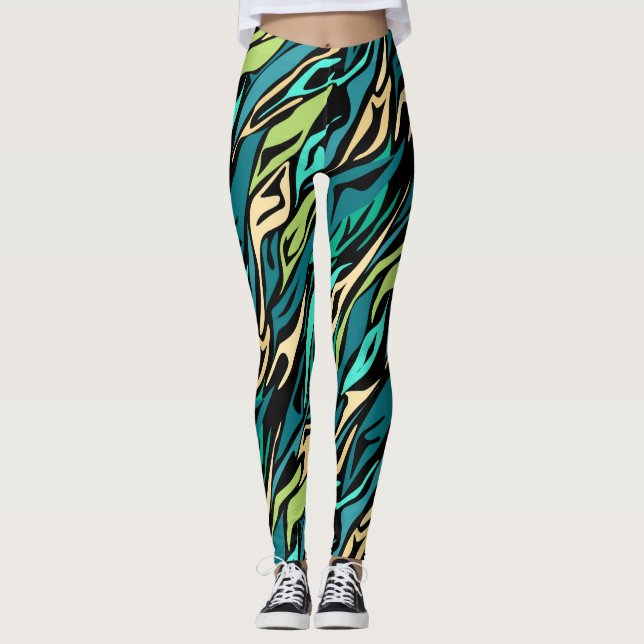 Abstract black turquoise leggings (Front)