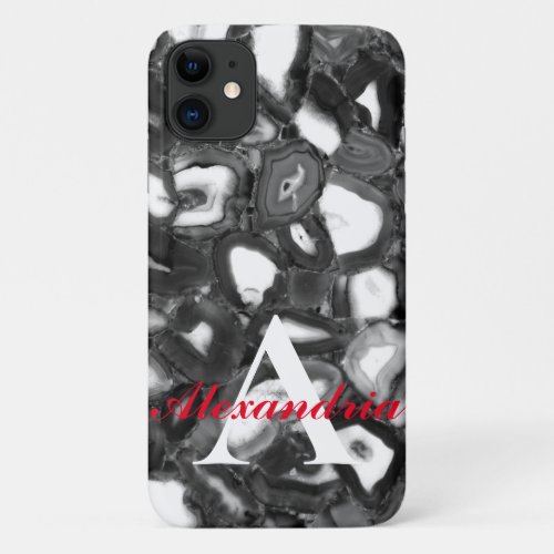 Abstract Black White agates geode monogram iPhone 11 Case