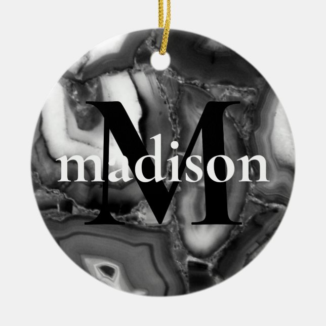 Abstract Black White agates geode monogram script  Ceramic Ornament (Front)