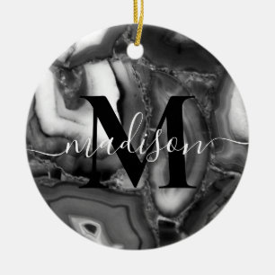 Abstract Black White agates geode monogram script Ceramic Ornament