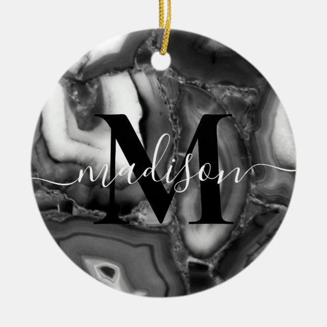 Abstract Black White agates geode monogram script  Ceramic Ornament (Front)