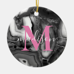 Abstract Black White agates geode monogram script Ceramic Ornament