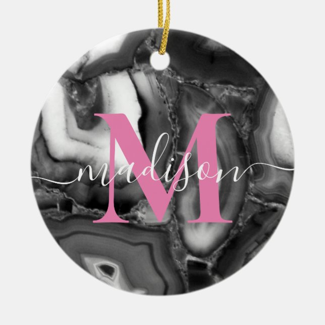 Abstract Black White agates geode monogram script  Ceramic Ornament (Front)