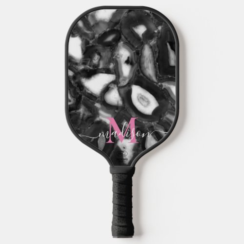 Abstract Black White agates geode monogram script  Pickleball Paddle