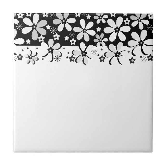Abstract black white cartoon flowers floral design ceramic tile (Front)