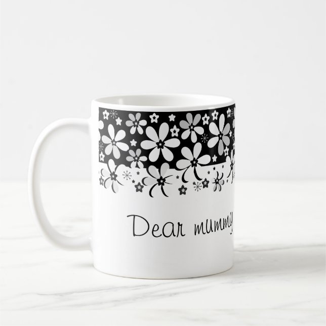 Abstract black white cartoon flowers floral design coffee mug (Left)