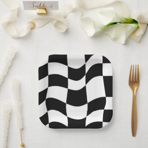 Abstract Black & White Checker Paper Plates