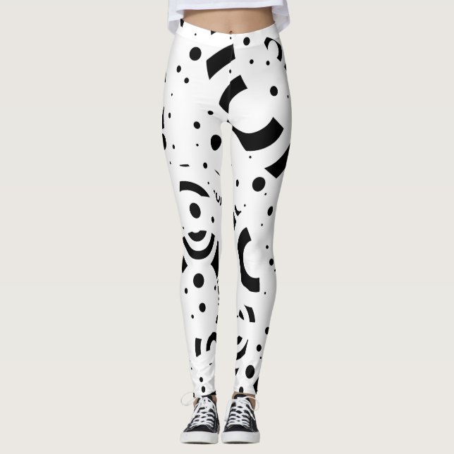 ABSTRACT BLACK WHITE CIRCLES DIGITAL ART LEGGINGS (Front)
