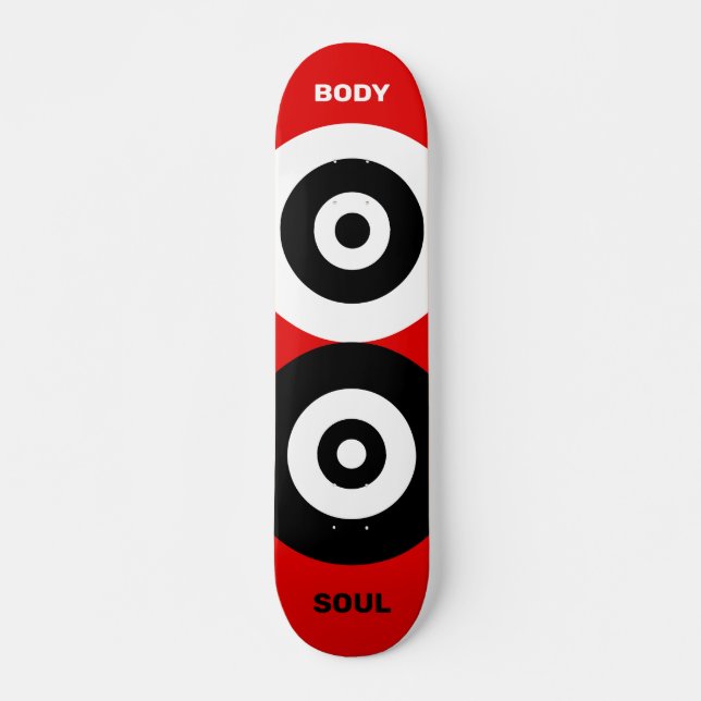 Abstract black & white circles on red skateboard (Front)