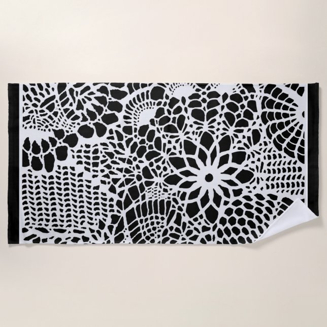 Abstract Black & White Crochet Effect Beach Towel (Front)