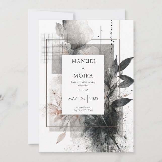 Abstract Black White Floral Geometric Wedding Invitation (Front)
