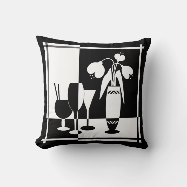 Abstract black white flowers vase wineglass monoch throw pillow (Front)