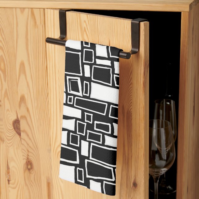 Abstract Black White Geometric Tiles Kitchen Towel (Thirds Fold)
