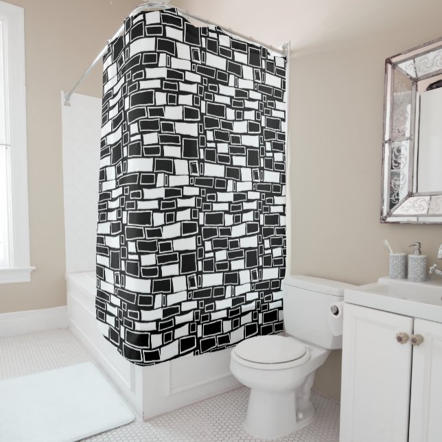 Abstract Black White Geometric Tiles Shower Curtain (In Situ)