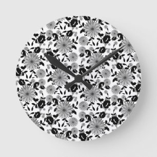 Abstract Black White Gray Florals Design Round Clock