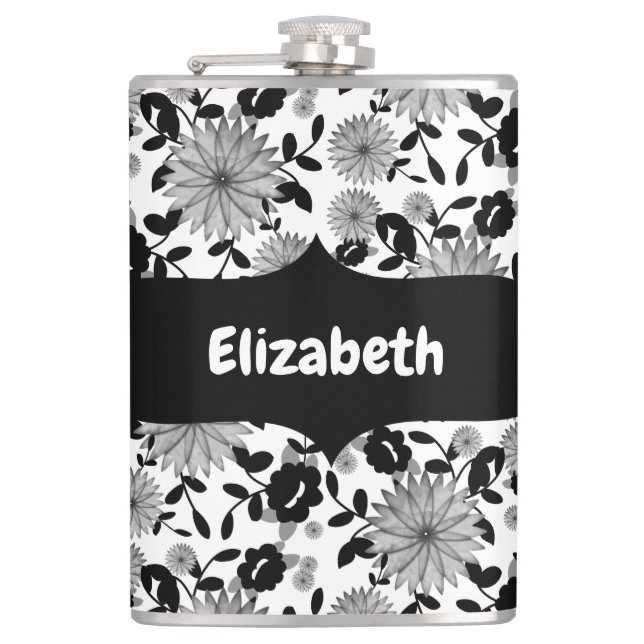 Abstract Black White Gray Florals Designer Flask (Front)