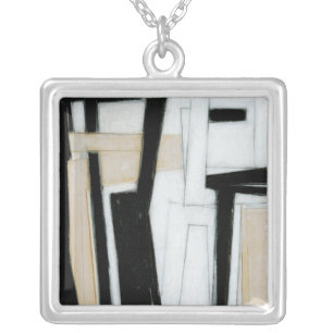 Abstract Black & White Painting Silver Plated Necklace