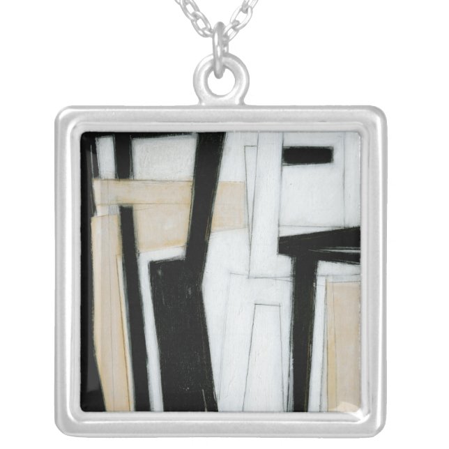Abstract Black & White Painting Silver Plated Necklace (Front)