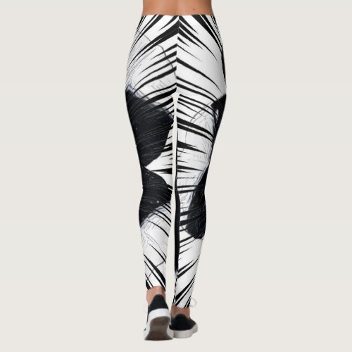 Abstract Black & White Palm Leaf Print Leggings