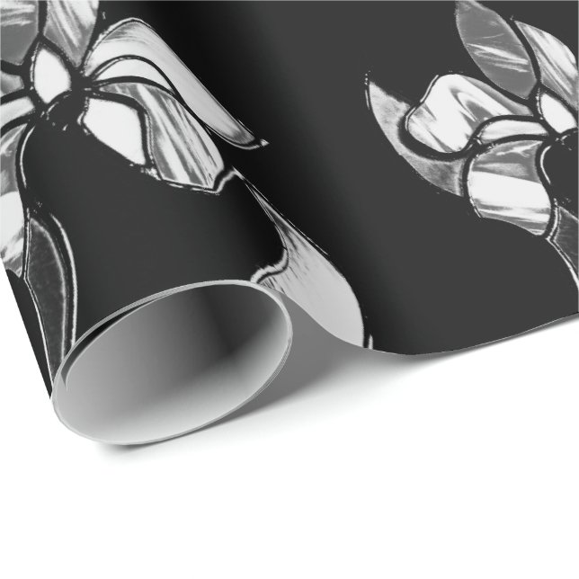 Abstract black white shine flowers on black wrapping paper (Roll Corner)