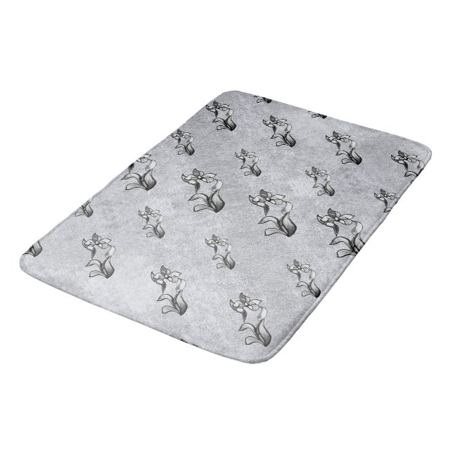Abstract black white shine flowers on silver bathroom mat (Angled)