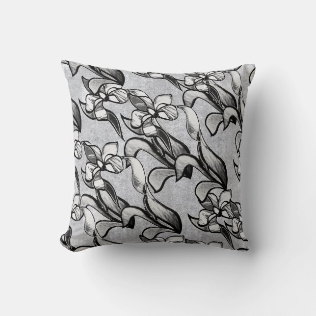 Abstract black white shine flowers on silver throw pillow (Front)