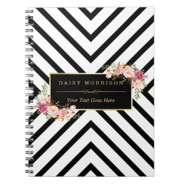 Abstract Black White Stripes and Floral Gold Frame Notebook