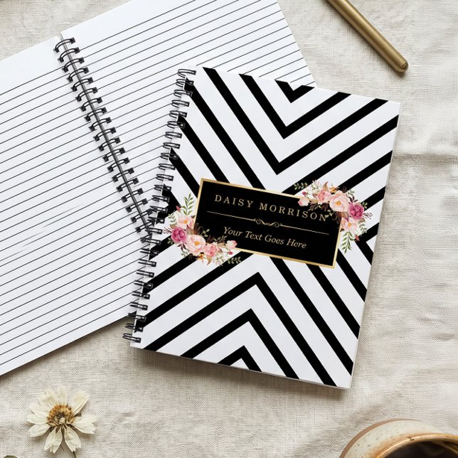 Abstract Black White Stripes and Floral Gold Frame Notebook (Creator Uploaded)