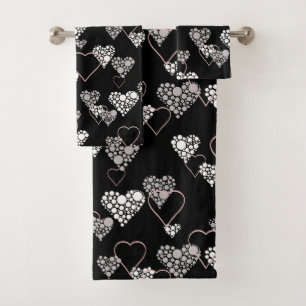 Abstract black white Valentines Day hearts love sh Bath Towel Set