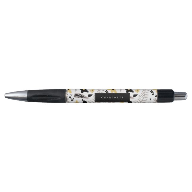 Abstract Black Yellow Gray Floral Custom Name Pen (Front)