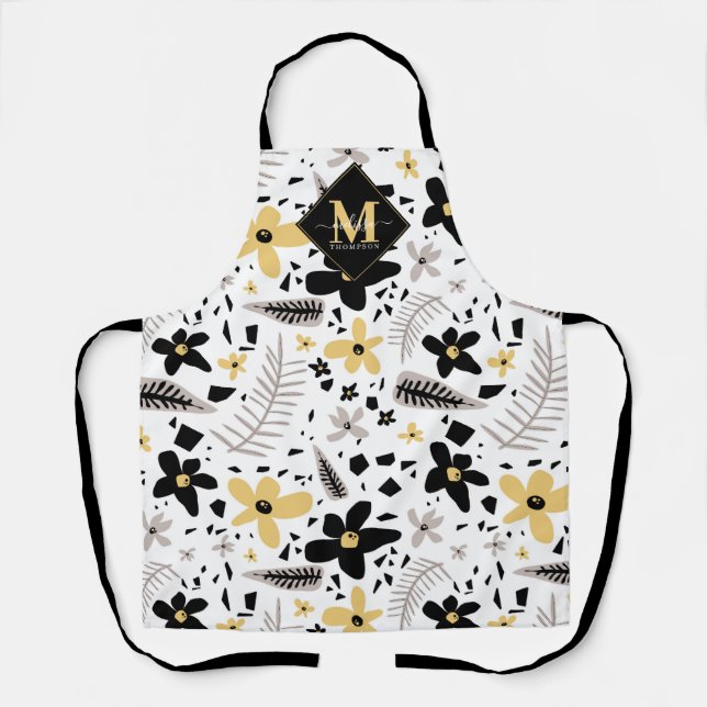 Abstract Black Yellow Gray Floral Monogramed Apron (Front)