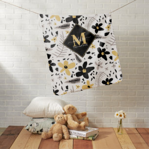 Abstract Black Yellow Gray Floral Monogramed Baby Blanket