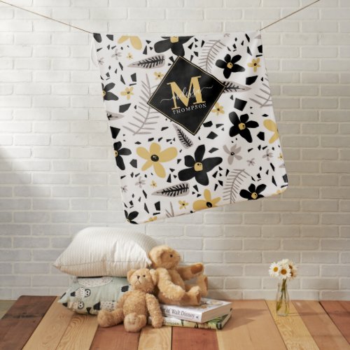 Abstract Black Yellow Gray Floral Monogramed Baby Blanket