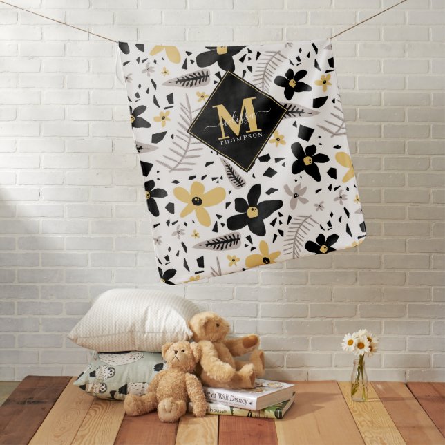 Abstract Black Yellow Gray Floral Monogramed Baby Blanket (In Situ)