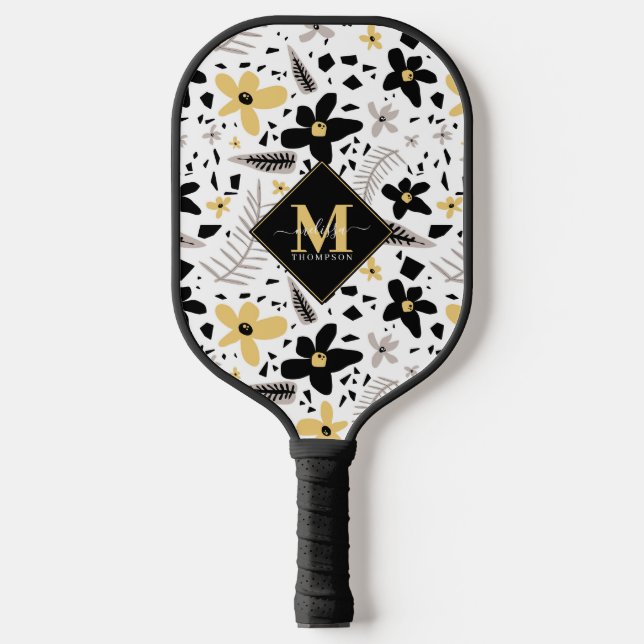 Abstract Black Yellow Gray Floral Monogramed Pickleball Paddle (Front)