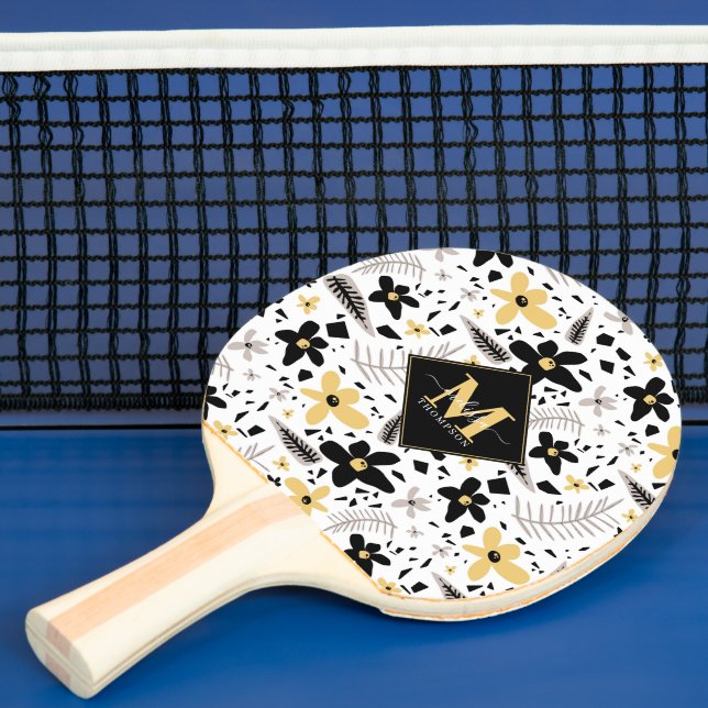 Abstract Black Yellow Gray Floral Monogramed Ping Pong Paddle (Insitu)