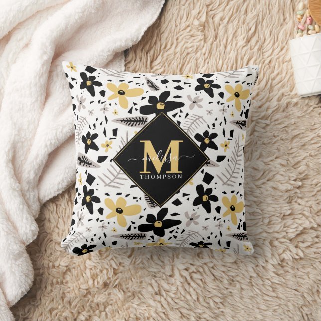 Abstract Black Yellow Gray Floral Monogramed Throw Pillow (Blanket)