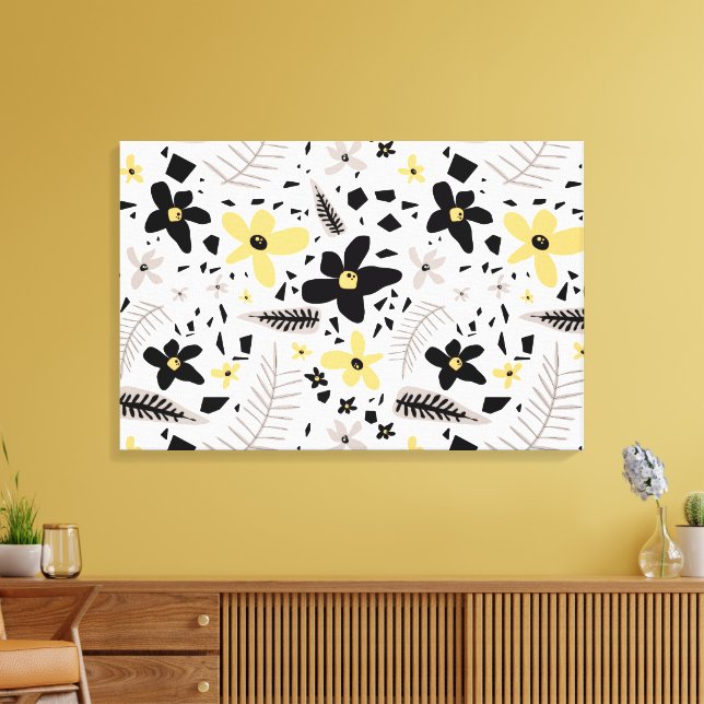 Abstract Black Yellow Gray Floral Pattern Canvas Print (Insitu(LivingRoom))